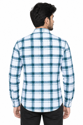 Men’s White & Denim Blue Checkered Full Sleeve Casual Shirt | Stylish Plaid Button-Down Shirt