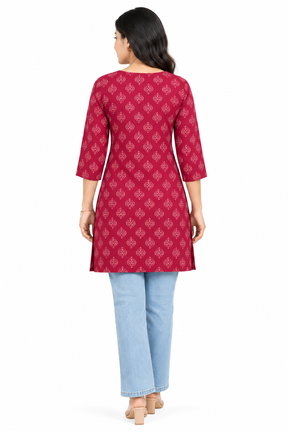 Women’s Cotton Printed Short Kurti | Ethnic Kurta with 3/4 Sleeves & Notch Neck