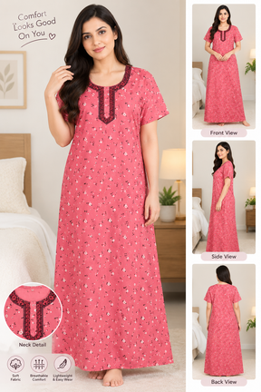 Women’s Cotton Nighty Pink Printed Nightdress with Stylish Neck Design, Half Sleeves & Comfortable Long Length