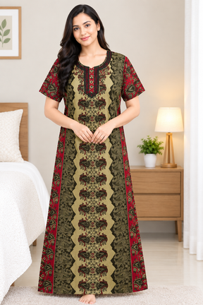 Women’s Cotton Nighty | Brown & Maroon Printed Long Night Dress | Half Sleeve Floral & Paisley Print Nightgown