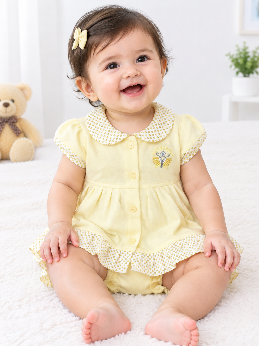 Baby Girl Frock Set with Matching Bloomers | Cute Cotton Dress with Printed Collar & Frill
