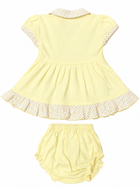 Baby Girl Frock Set with Matching Bloomers | Cute Cotton Dress with Printed Collar & Frill