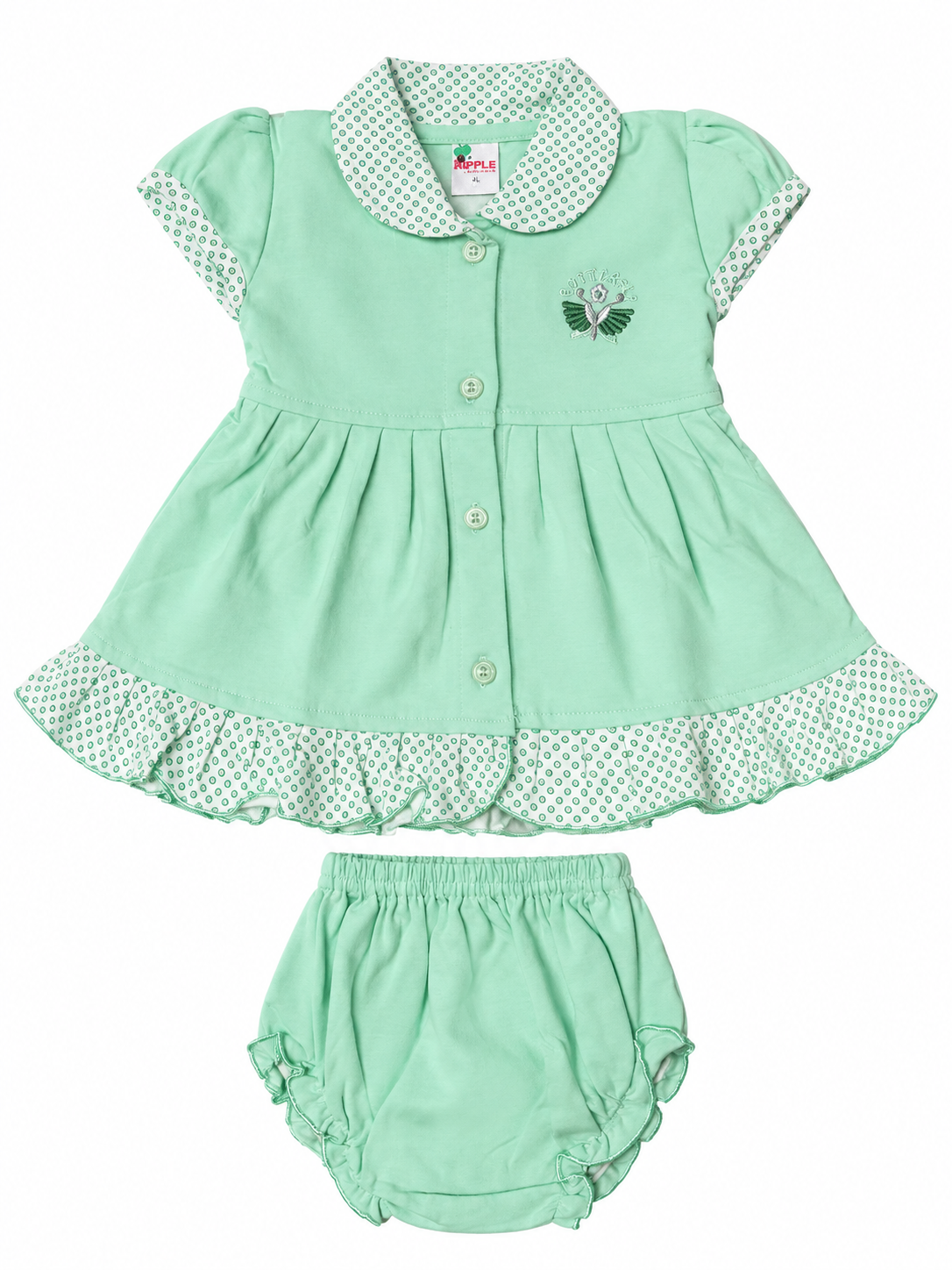 Baby Girl Frock Set with Matching Bloomers | Cute Cotton Dress with Printed Collar & Frill