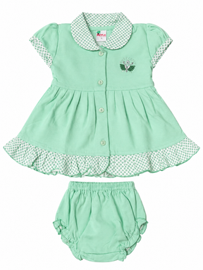 Baby Girl Frock Set with Matching Bloomers | Cute Cotton Dress with Printed Collar & Frill
