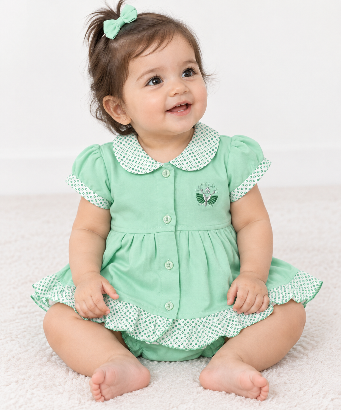 Baby Girl Frock Set with Matching Bloomers | Cute Cotton Dress with Printed Collar & Frill