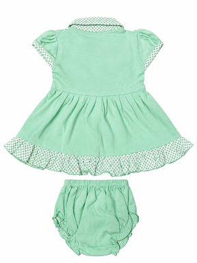 Baby Girl Frock Set with Matching Bloomers | Cute Cotton Dress with Printed Collar & Frill