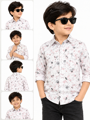 Boys White Floral Printed Full Sleeve Shirt | Stylish Casual & Party Wear Kids Shirt