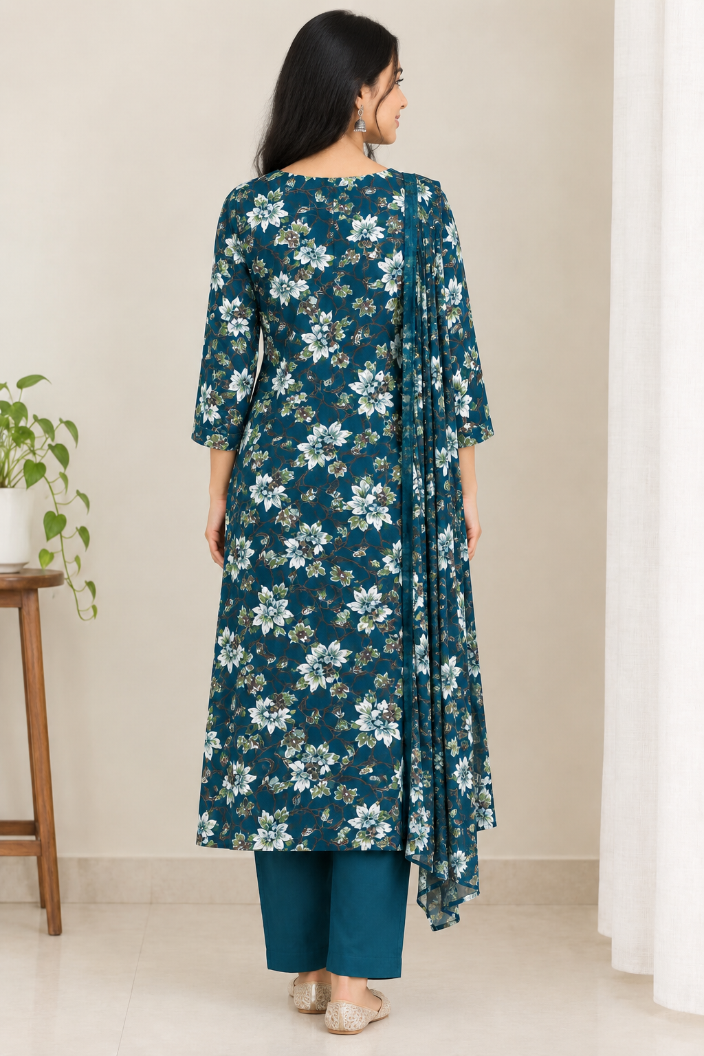 Women’s Teal Blue Floral Printed Kurta Set with Dupatta & Pants | 3-Piece Ethnic Wear