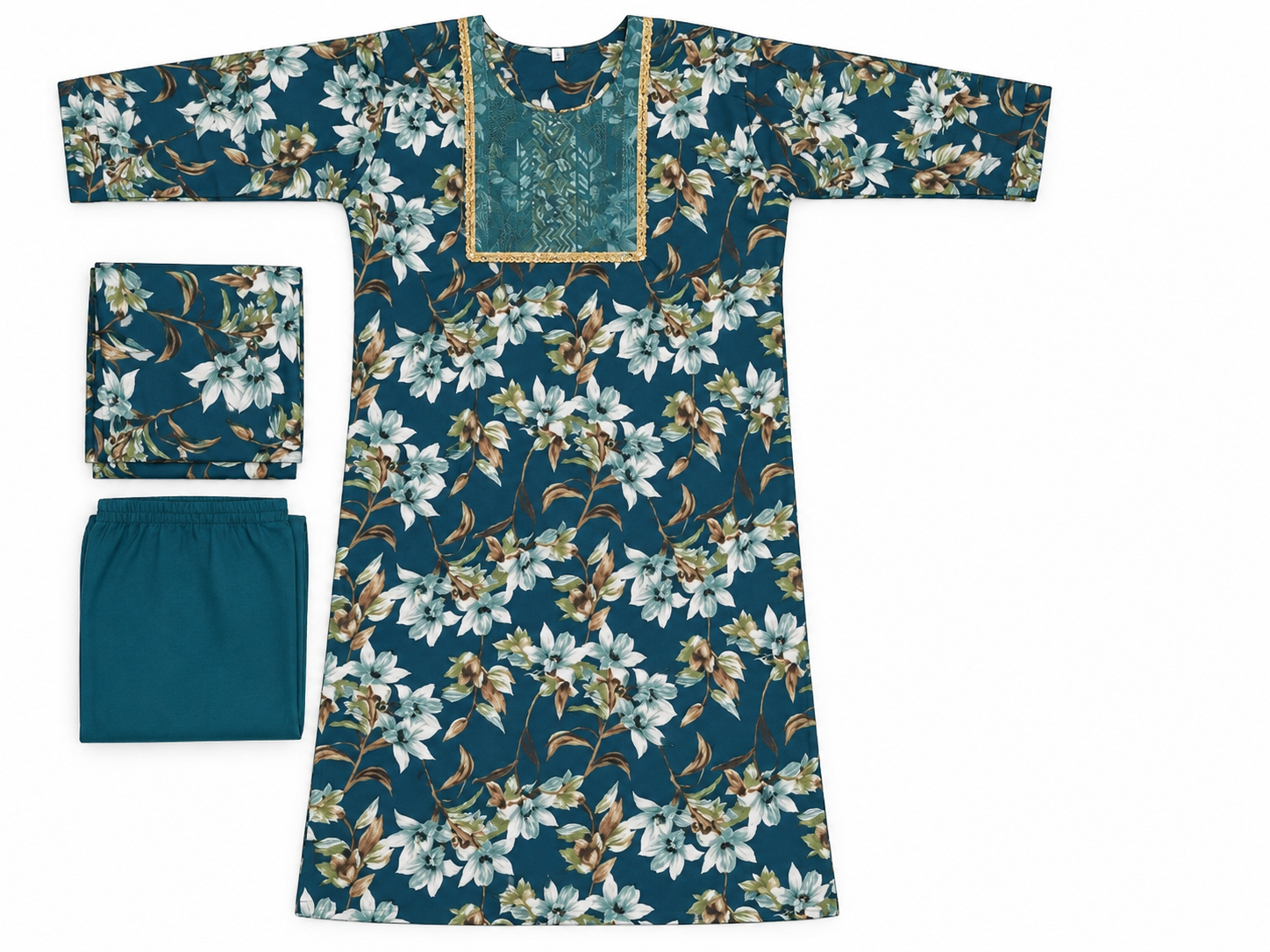 Women’s Teal Blue Floral Printed Kurta Set with Dupatta & Pants | 3-Piece Ethnic Wear