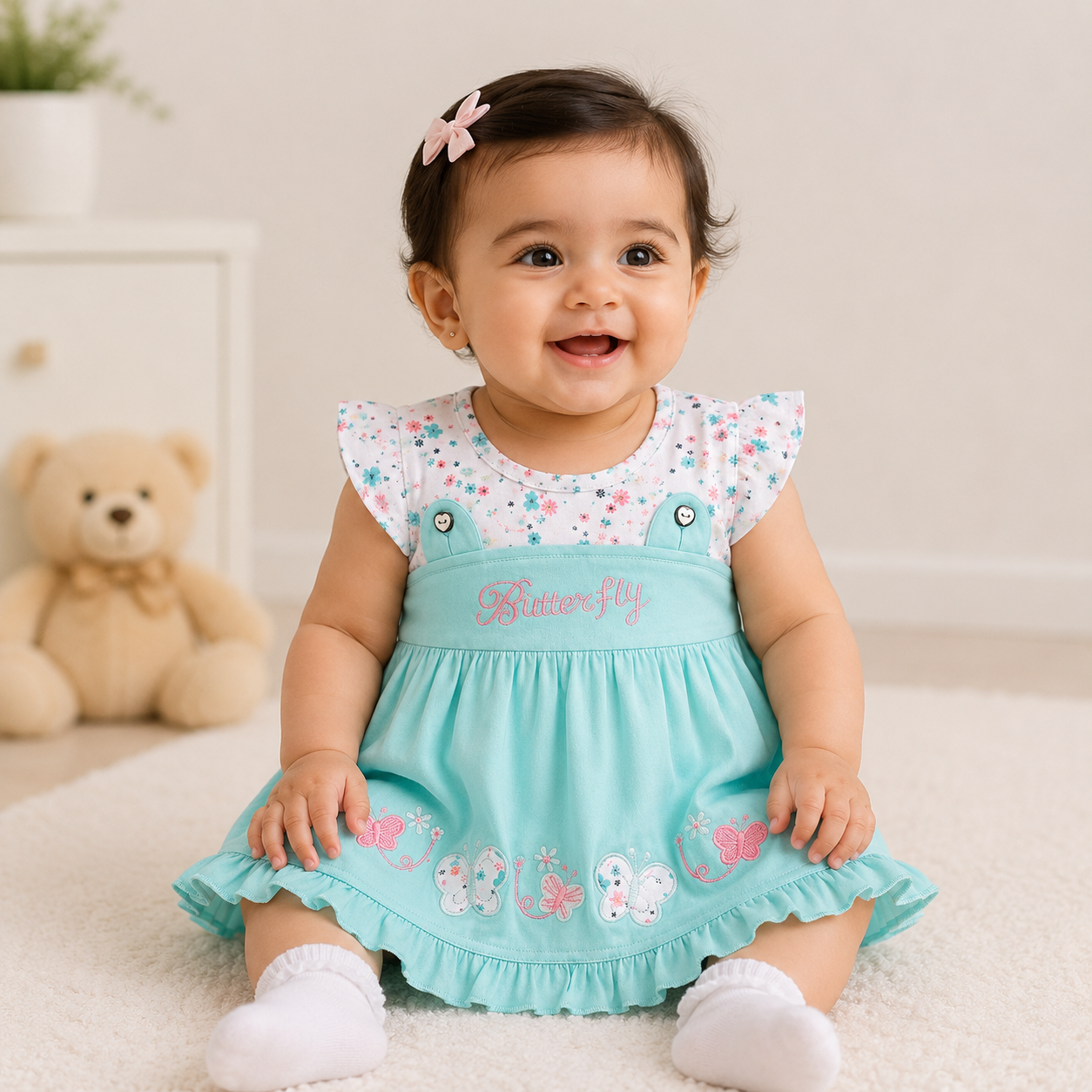 Baby Girl Butterfly Frock | Floral Print Party Wear Dress with Embroidery & Frills