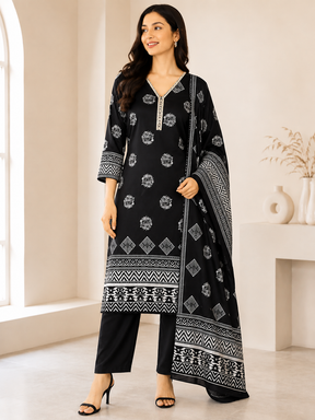 Black Printed 3/4 Sleeve Kurta Set for Women with Dupatta & Black Pants