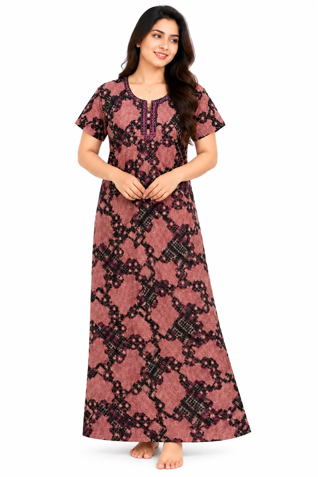 Women’s Cotton Nighty Pink & Black Printed Nightdress with Half Sleeves, Round Neck & Comfortable Full Length