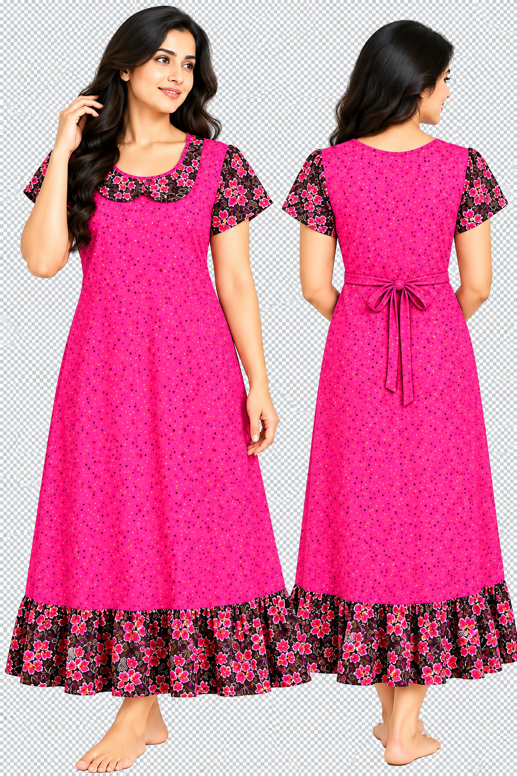 Women’s Cotton Frock Nighty | Printed Short Sleeve Night Dress with Floral Border | Comfortable Home Wear & Sleepwear