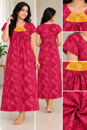Women’s Cotton Nighty |  Floral Printed Night Dress with Short Sleeves & Round Neck