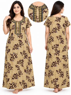 Women’s Cotton Nighty Beige Floral Printed Nightdress with Half Sleeves, Stylish Round Neck & Full Length