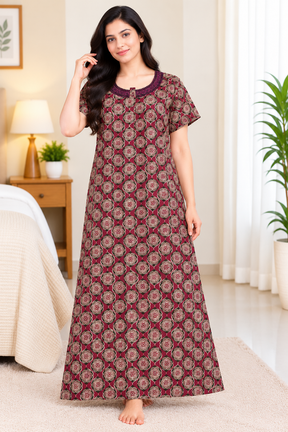 Women's Cotton Printed Full Length Nighty for Women | Maroon Floral Nightdress with Short Sleeves, Round Neck and Button Front | Comfortable Sleepwear