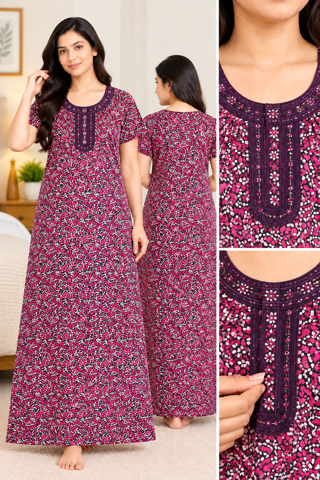 Women’s Cotton Nighty – Pink & Black Printed Short Sleeve Long Night Dress