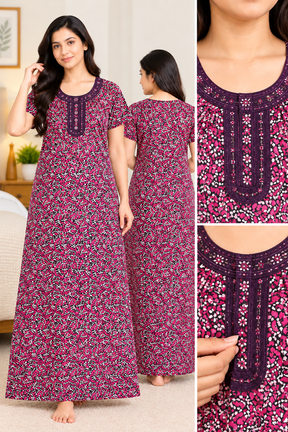 Women’s Cotton Nighty – Pink & Black Printed Short Sleeve Long Night Dress