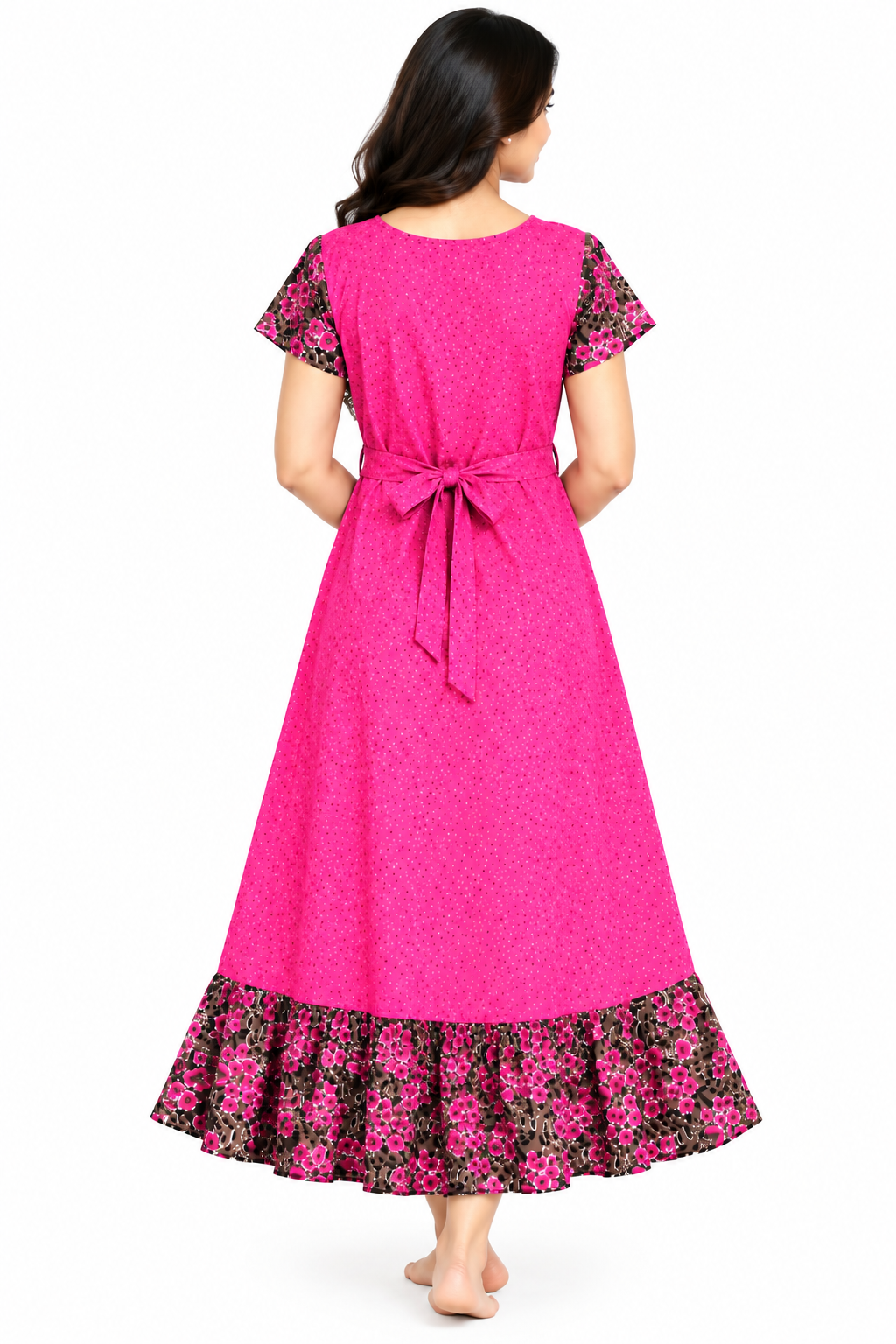 Women’s Cotton Frock Nighty | Printed Short Sleeve Night Dress with Floral Border | Comfortable Home Wear & Sleepwear