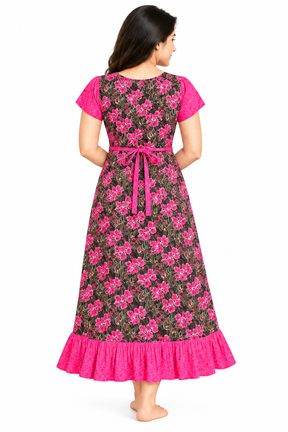 Women’s Cotton Printed Frock Nighty | Pink Floral Long Nightdress with Round Collar & Frill | Comfortable Daily Wear Sleepwear