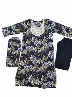 Women’s Navy Blue  Floral Printed Kurta Set with Matching Dupatta & Black Pants | 3-Piece Ethnic Wear