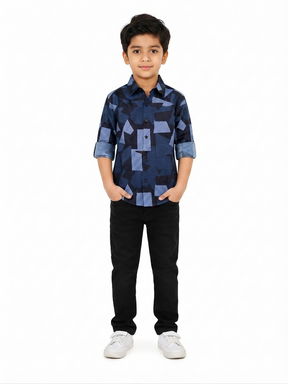 Boys Navy Blue Geometric Printed Cotton Shirt | Stylish Casual & Party Wear Kids Shirt