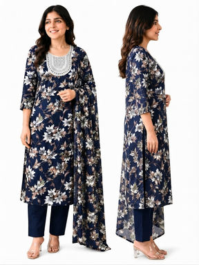 Women’s Navy Blue  Floral Printed Kurta Set with Matching Dupatta & Black Pants | 3-Piece Ethnic Wear