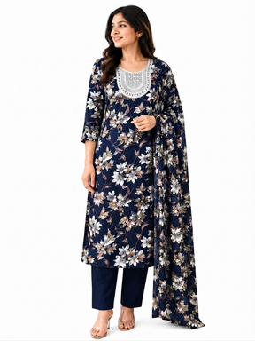 Women’s Navy Blue  Floral Printed Kurta Set with Matching Dupatta & Black Pants | 3-Piece Ethnic Wear