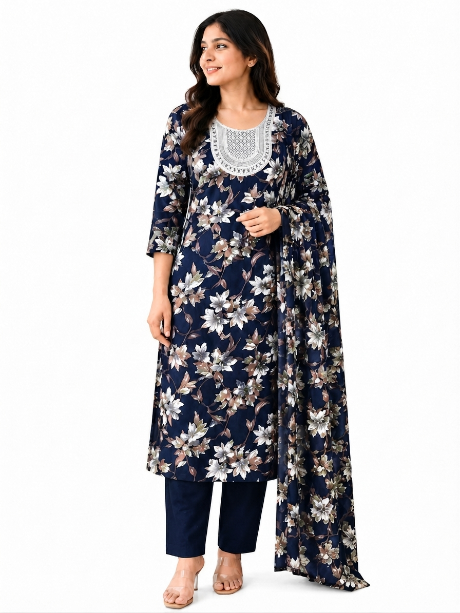 Women’s Navy Blue  Floral Printed Kurta Set with Matching Dupatta & Black Pants | 3-Piece Ethnic Wear