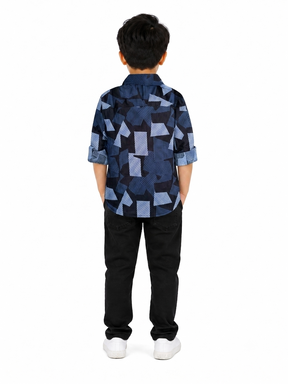 Boys Navy Blue Geometric Printed Cotton Shirt | Stylish Casual & Party Wear Kids Shirt