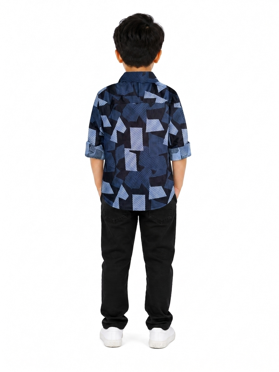 Boys Navy Blue Geometric Printed Cotton Shirt | Stylish Casual & Party Wear Kids Shirt