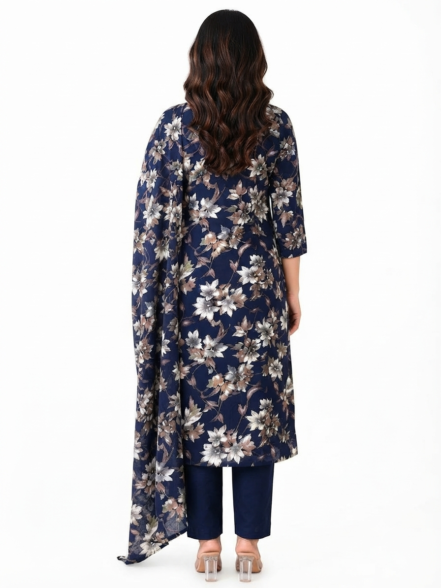 Women’s Navy Blue  Floral Printed Kurta Set with Matching Dupatta & Black Pants | 3-Piece Ethnic Wear