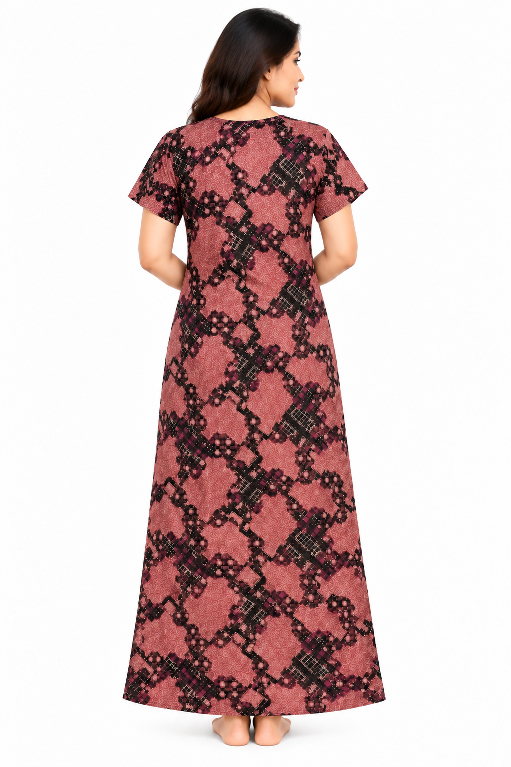 Women’s Cotton Nighty Pink & Black Printed Nightdress with Half Sleeves, Round Neck & Comfortable Full Length