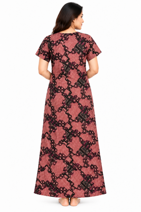 Women’s Cotton Nighty Pink & Black Printed Nightdress with Half Sleeves, Round Neck & Comfortable Full Length