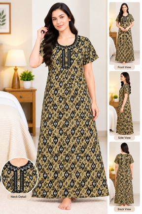 Women's Cotton Printed Full Length Nighty | Short Sleeve Round Neck Nightdress with Button Front | Black and Beige Floral Pattern Sleepwear