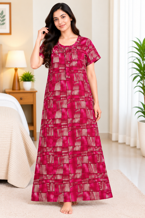 Women’s Cotton Nighty – Magenta Geometric Printed Half Sleeve Long Night Dress