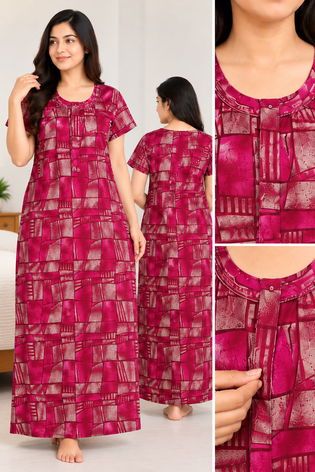 Women’s Cotton Nighty – Magenta Geometric Printed Half Sleeve Long Night Dress