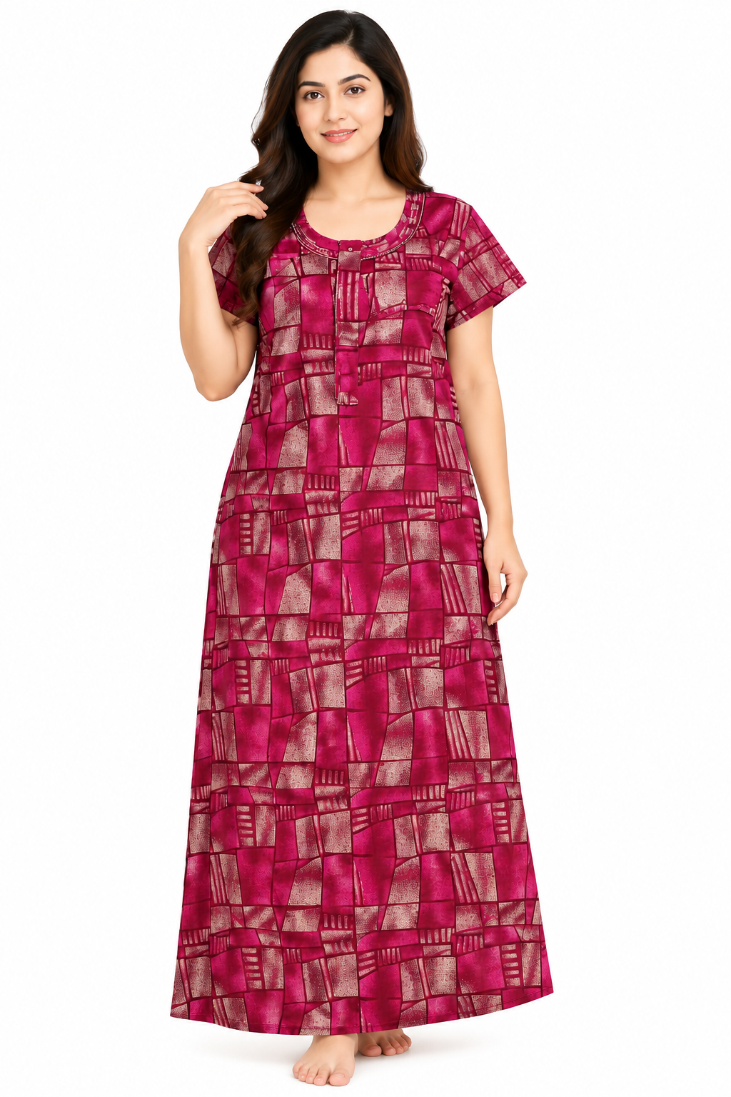 Women’s Cotton Nighty – Magenta Geometric Printed Half Sleeve Long Night Dress