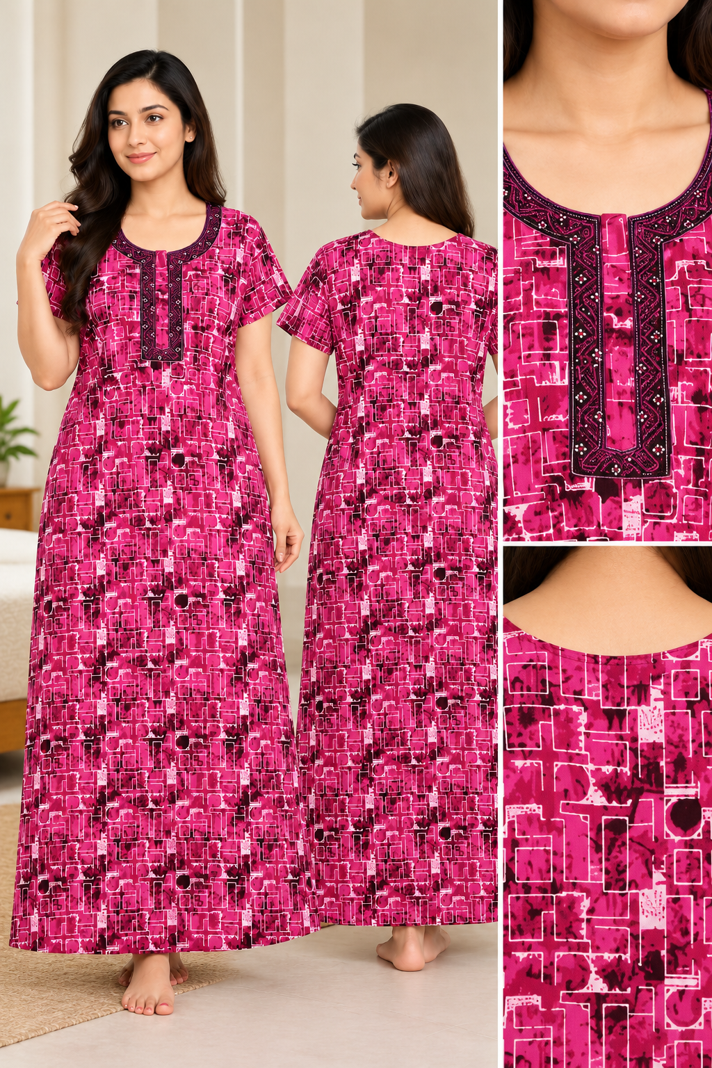 Women’s Cotton Nighty – Magenta Geometric Printed  Long Night Dress