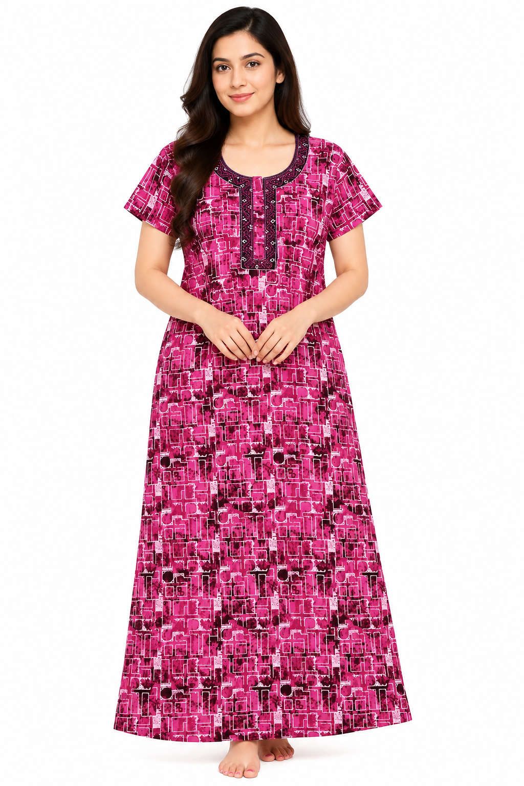 Women’s Cotton Nighty – Magenta Geometric Printed  Long Night Dress