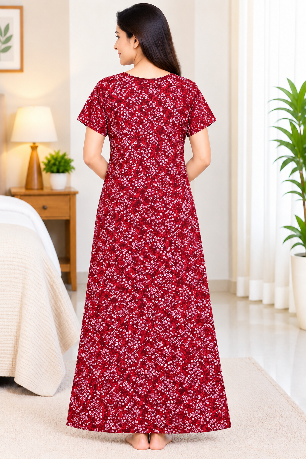 Women’s Cotton Nighty Maroon Printed Nightdress with Half Sleeves, Stylish Round Neck & Full Length