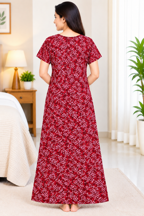 Women’s Cotton Nighty Maroon Printed Nightdress with Half Sleeves, Stylish Round Neck & Full Length