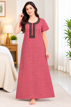 Women’s Cotton Nighty Red Printed Nightdress with Half Sleeves, Stylish Round Neck & Full Length