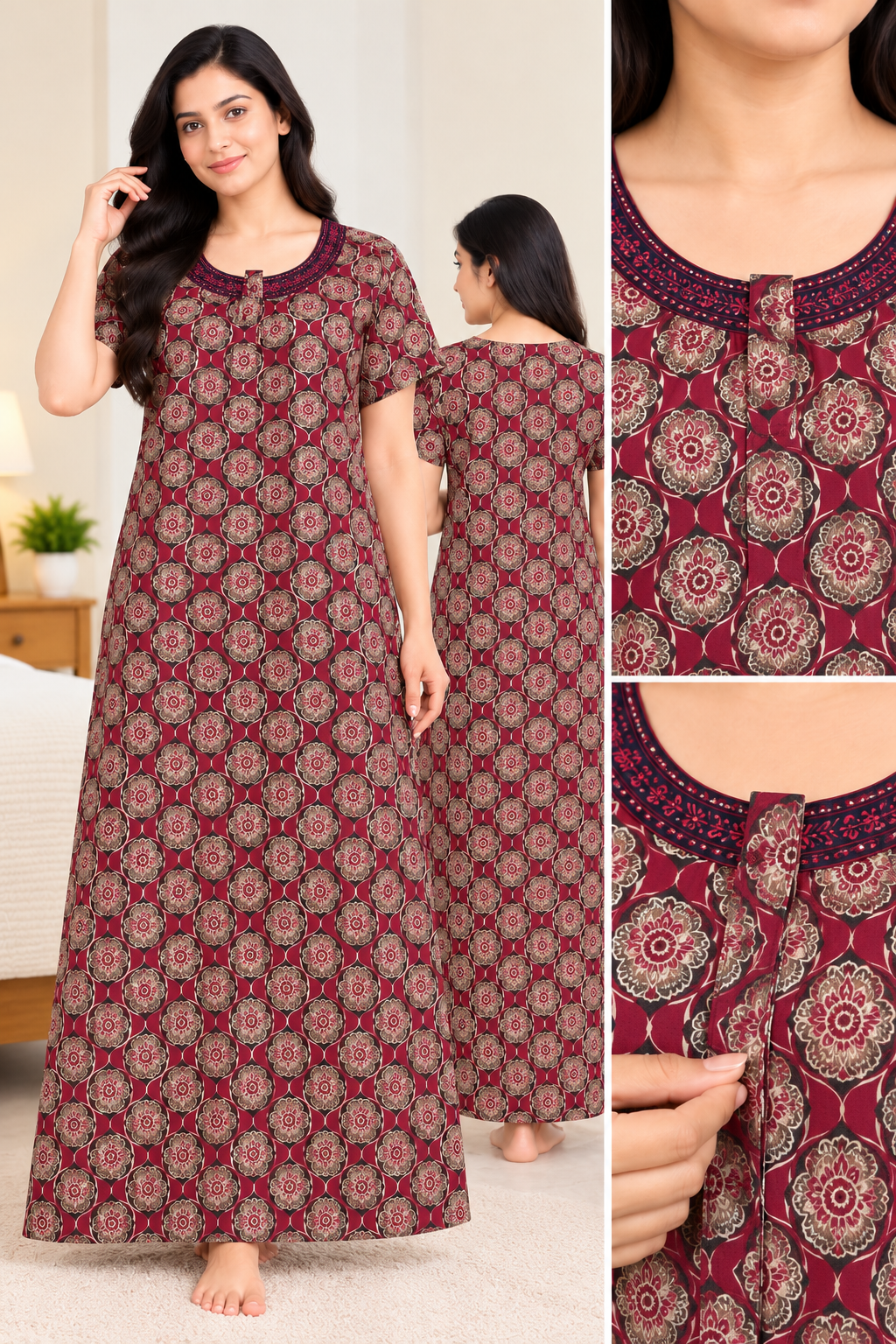 Women's Cotton Printed Full Length Nighty for Women | Maroon Floral Nightdress with Short Sleeves, Round Neck and Button Front | Comfortable Sleepwear