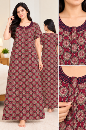 Women's Cotton Printed Full Length Nighty for Women | Maroon Floral Nightdress with Short Sleeves, Round Neck and Button Front | Comfortable Sleepwear