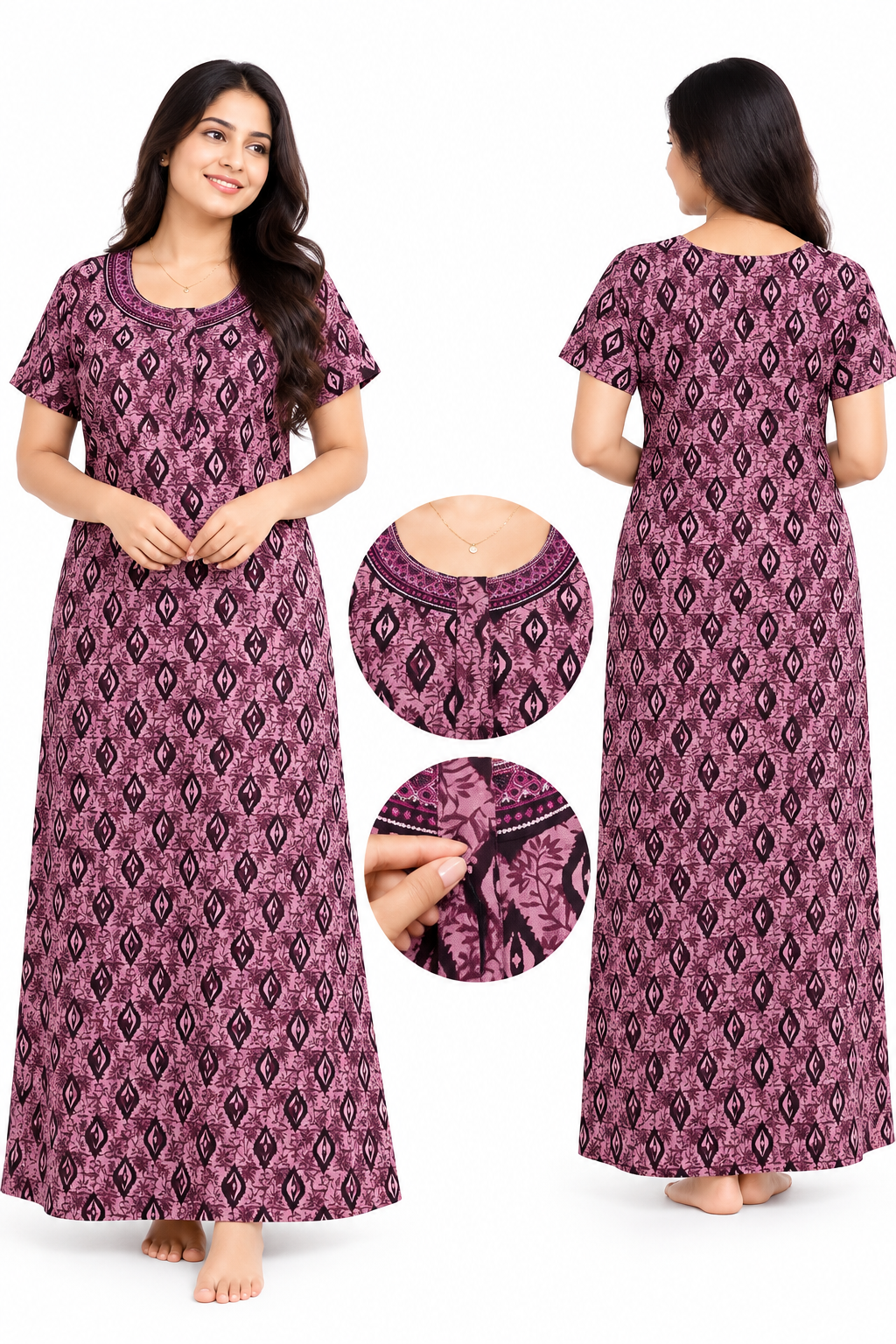Women’s Cotton Nighty | Pink Printed Long Night Dress | Half Sleeve Round Neck Nightgown for Women