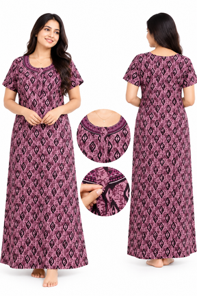 Women’s Cotton Nighty | Pink Printed Long Night Dress | Half Sleeve Round Neck Nightgown for Women