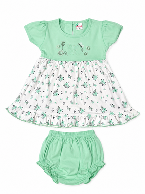 Baby Girl Cotton Frock – Floral Printed Dress with Embroidered Bodice & Frill Design