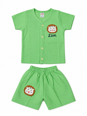 Baby Boy Cotton Dress Set with Lion Embroidery | Green Half Sleeve Top & Shorts Set | Comfortable Kids Wear