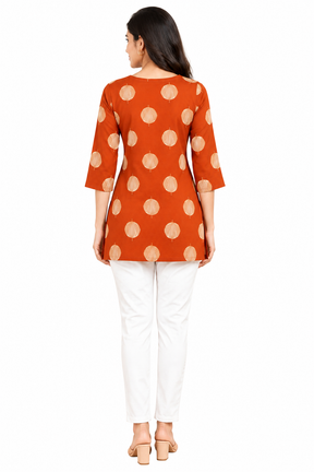 Women’s Cotton Printed Short Kurti | Round Neck 3/4 Sleeve Casual Ethnic Kurta | Orange
